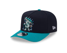 Load image into Gallery viewer, Seattle Mariners New Era MLB 9FORTY 940 A-Frame Snapback Cap Hat Navy Blue Crown Teal Visor Team Color Logo With Raining Cartoon
