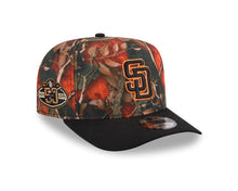 Load image into Gallery viewer, San Diego Padres New Era MLB 9FORTY 940 A-Frame Snapback Cap Hat Leaves Camo Crown Black Visor Black/Orange Logo 50th Anniversary Side Patch
