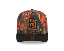Load image into Gallery viewer, San Diego Padres New Era MLB 9FORTY 940 A-Frame Snapback Cap Hat Leaves Camo Crown Black Visor Black/Orange Logo 50th Anniversary Side Patch
