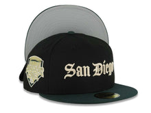 Load image into Gallery viewer, San Diego Padres New Era MLB 59FIFTY 5950 Fitted Cap Hat Black Crown Dark Green Visor Cream San Diego Script Logo 1992 All-Star Game Side Patch
