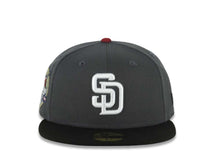 Load image into Gallery viewer, San Diego Padres New Era MLB 59FIFTY 5950 Fitted Cap Hat Dark Gray Crown Black Visor White Logo 40th Anniversary Side Patch Gray UV
