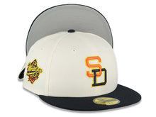 Load image into Gallery viewer, San Diego Padres New Era MLB 59FIFTY 5950 Fitted Cap Hat Chrome White Crown Navy Blue Visor Orange/Navy/Yellow Logo 1998 World Series Side Patch
