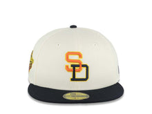 Load image into Gallery viewer, San Diego Padres New Era MLB 59FIFTY 5950 Fitted Cap Hat Chrome White Crown Navy Blue Visor Orange/Navy/Yellow Logo 1998 World Series Side Patch
