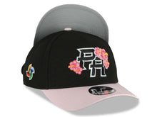 Load image into Gallery viewer, Puerto Rico New Era 9FORTY 940 Adjustable A-Frame Cap Hat Black Crown Pink Visor Black/White Logo Pink Flower WBC World Baseball Classic Side Patch
