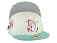 Load image into Gallery viewer, San Diego Padres New Era MLB 59FIFTY 5950 Fitted Cap Hat Cream Crown Light Teal Visor White/Red/Light Teal Splatter Logo 1992 All-Star Game Side Patch
