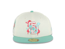 Load image into Gallery viewer, San Diego Padres New Era MLB 59FIFTY 5950 Fitted Cap Hat Cream Crown Light Teal Visor White/Red/Light Teal Splatter Logo 1992 All-Star Game Side Patch
