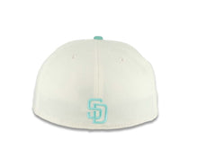 Load image into Gallery viewer, San Diego Padres New Era MLB 59FIFTY 5950 Fitted Cap Hat Cream Crown Light Teal Visor White/Red/Light Teal Splatter Logo 1992 All-Star Game Side Patch

