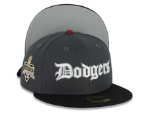 Load image into Gallery viewer, Los Angeles Dodgers New Era MLB 59FIFTY 5950 Fitted Cap Hat Dark Gray Crown Black Visor White/Gray Script Logo 2025 World Series Champions Side Patch
