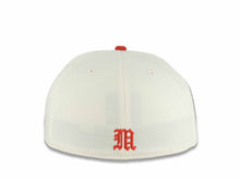 Load image into Gallery viewer, Mexico Aztec New Era 59FIFTY 5950 Fitted Cap Hat Chrome White Crown Red Visor Red/Black Aztec Headress Logo Aztec Calendar Side Patch Gray UV
