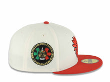 Load image into Gallery viewer, Mexico Aztec New Era 59FIFTY 5950 Fitted Cap Hat Chrome White Crown Red Visor Red/Black Aztec Headress Logo Aztec Calendar Side Patch Gray UV
