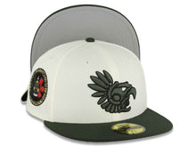 Load image into Gallery viewer, Mexico Aztec New Era 59FIFTY 5950 Fitted Cap Hat Chrome White Crown Dark Green Visor Green/Black Headress Logo Aztec Calendar Side Patch Gray UV
