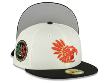 Load image into Gallery viewer, Mexico Aztec New Era 59FIFTY 5950 Fitted Cap Hat Chrome White Crown Black Visor Red/Metallic Gold Headress Logo Aztec Calendar Side Patch Gray UV
