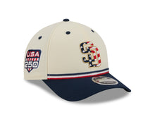 Load image into Gallery viewer, San Diego Padres New Era MLB 9FORTY 940 Adjustable M-Crown Cap Cream Crown Navy Visor Navy/Red Logo 250th Anniversary Side Patch (2026 4th of July)

