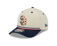 Load image into Gallery viewer, San Diego Padres New Era MLB 9FORTY 940 Adjustable M-Crown Cap Cream Crown Navy Visor Navy/Red Logo 250th Anniversary Side Patch (2026 4th of July)
