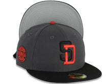 Load image into Gallery viewer, San Diego Padres New Era MLB 59FIFTY 5950 Fitted Cap Hat Dark Gray Crown Black Visor Black/Red Logo Aztec Calendar Side Patch Gray UV
