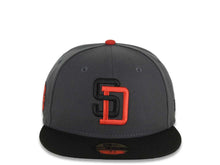 Load image into Gallery viewer, San Diego Padres New Era MLB 59FIFTY 5950 Fitted Cap Hat Dark Gray Crown Black Visor Black/Red Logo Aztec Calendar Side Patch Gray UV
