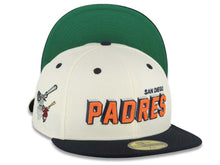 Load image into Gallery viewer, San Diego Padres New Era MLB 59FIFTY 5950 Fitted Cap Hat Cream Crown Navy Blue Visor Orange/Navy/White Script Logo Swinging Friar Side Patch Green UV
