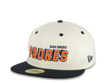 Load image into Gallery viewer, San Diego Padres New Era MLB 59FIFTY 5950 Fitted Cap Hat Cream Crown Navy Blue Visor Orange/Navy/White Script Logo Swinging Friar Side Patch Green UV

