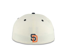 Load image into Gallery viewer, San Diego Padres New Era MLB 59FIFTY 5950 Fitted Cap Hat Cream Crown Navy Blue Visor Orange/Navy/White Script Logo Swinging Friar Side Patch Green UV

