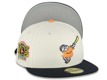 Load image into Gallery viewer, San Diego Padres New Era MLB 59FIFTY 5950 Fitted Cap Hat Cream Crown Navy Blue Visor Orange/Yellow Swinging Friar Logo Stadium Side Patch Gray UV
