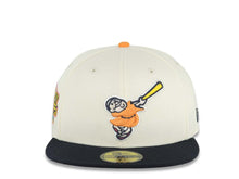 Load image into Gallery viewer, San Diego Padres New Era MLB 59FIFTY 5950 Fitted Cap Hat Cream Crown Navy Blue Visor Orange/Yellow Swinging Friar Logo Stadium Side Patch Gray UV
