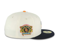 Load image into Gallery viewer, San Diego Padres New Era MLB 59FIFTY 5950 Fitted Cap Hat Cream Crown Navy Blue Visor Orange/Yellow Swinging Friar Logo Stadium Side Patch Gray UV
