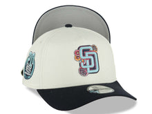 Load image into Gallery viewer, San Diego Padres New Era MLB 9FORTY 940 Adjustable A-Frame Cap Hat Cream Crown Navy Blue Visor Turquoise Logo With Rose 20 Years Petco Park Side Patch
