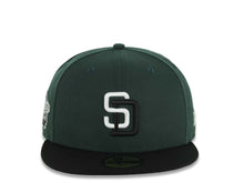 Load image into Gallery viewer, San Diego Padres New Era MLB 59FIFTY 5950 Fitted Cap Hat Dark Green Crown Black Visor White/Black Logo 1998 World Series Side Patch Gray UV
