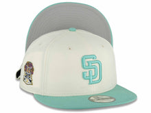 Load image into Gallery viewer, San Diego Padres New Era MLB 9FIFTY 950 Snapback Cap Hat Chrome White Crown Light Teal Visor Light Teal Logo La Catrina Side Patch Gray UV
