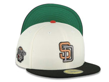 Load image into Gallery viewer, San Diego Padres New Era MLB 59FIFTY 5950 Fitted Cap Hat Cream Crown Black Visor Metallic Brown/Metallic Dark Gray Logo 1998 World Series Side Patch
