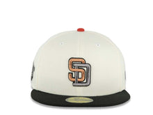 Load image into Gallery viewer, San Diego Padres New Era MLB 59FIFTY 5950 Fitted Cap Hat Cream Crown Black Visor Metallic Brown/Metallic Dark Gray Logo 1998 World Series Side Patch
