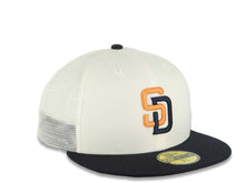 Load image into Gallery viewer, San Diego Padres New Era MLB 59FIFTY 5950 Mesh Trucker Fitted Cap Hat Cream Crown Navy Blue Visor Orange/Navy Blue Logo (2026 City Connect 2.0)
