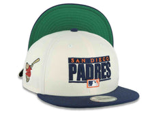 Load image into Gallery viewer, San Diego Padres New Era MLB 9FIFTY 950 Snapback Cap Hat Cream Crown Navy Blue Visor Navy Blue/Orange Script Logo Swinging Friar Side Patch Green UV
