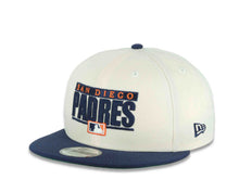 Load image into Gallery viewer, San Diego Padres New Era MLB 9FIFTY 950 Snapback Cap Hat Cream Crown Navy Blue Visor Navy Blue/Orange Script Logo Swinging Friar Side Patch Green UV
