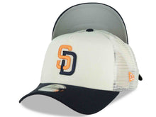Load image into Gallery viewer, San Diego Padres New Era MLB 9FORTY 940 Adjustable A-Frame Mesh Trucker Cap Hat Cream Crown Navy Blue Visor Orange/Navy Blue Logo (2026 City Connect)
