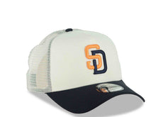 Load image into Gallery viewer, San Diego Padres New Era MLB 9FORTY 940 Adjustable A-Frame Mesh Trucker Cap Hat Cream Crown Navy Blue Visor Orange/Navy Blue Logo (2026 City Connect)
