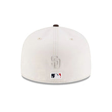 Load image into Gallery viewer, San Diego Padres New Era MLB 59FIFTY 5950 Fitted Cap Hat Cream Crown Brown Visor Dark Orange/Yellow Logo (2026 MLB World Tour Mexico City Series)
