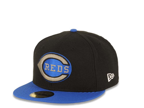 Cincinnati Reds New Era 59FIFTY 5950 Fitted Cap Hat Black Crown Royal Blue Visor White/Black/Royal Blue Logo