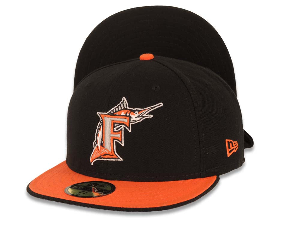 Miami Marlins New Era MLB 59FIFTY 5950 Fitted Cap Hat Black Crown Orange Visor Gray/Orange Logo