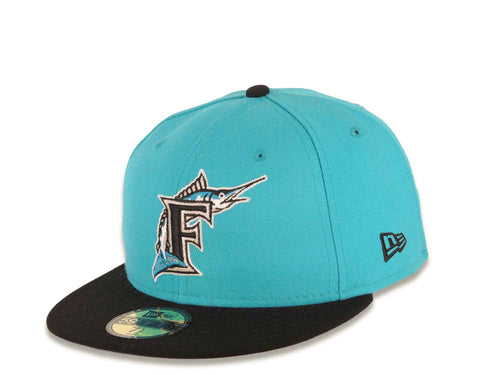 Miami Marlins New Era MLB 59FIFTY 5950 Fitted Cap Hat Teal Crown Black Visor Black/Teal/Silver Logo