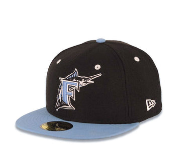 Miami Marlins New Era MLB 59FIFTY 5950 Fitted Cap Hat Black Crown Sky Blue Visor Sky Blue/White Logo