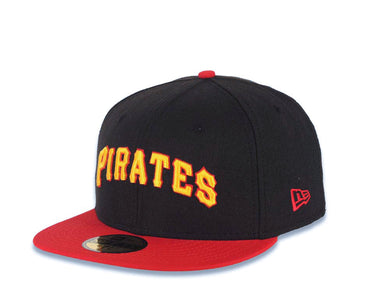 Pittsburgh Pirates New Era MLB 59FIFTY 5950 Fitted Cap Hat Black Crown Red Visor Yellow/Red Script/Text Logo