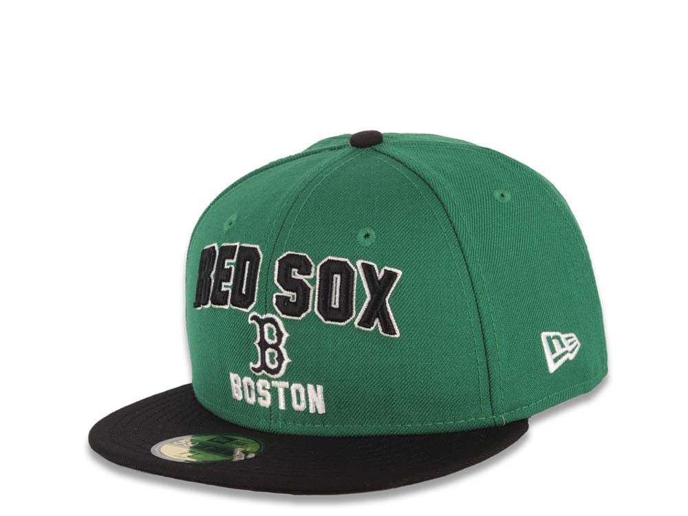 Boston Red Sox New Era MLB 59FIFTY 5950 Fitted Cap Hat Green Crown Black Visor Black/White Text Logo (Play Dirt)