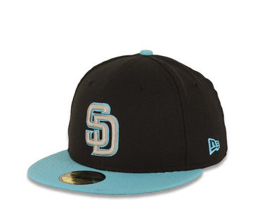 San Diego Padres New Era MLB 59FIFTY 5950 Fitted Cap Hat Black Crown Light Blue Visor Gray/Blue Logo