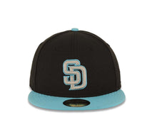 Load image into Gallery viewer, San Diego Padres New Era MLB 59FIFTY 5950 Fitted Cap Hat Black Crown Light Blue Visor Gray/Blue Logo

