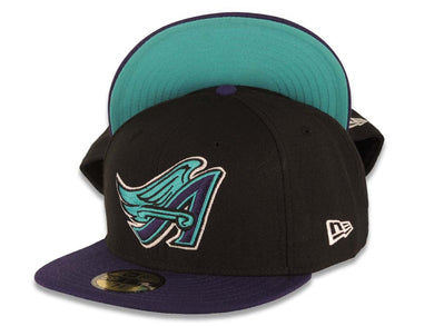 Los Angeles Anaheim Angels New Era MLB 59FIFTY 5950 Fitted Cap Hat Black Crown Purple Visor Purple/Teal/White Wing Logo Teal UV