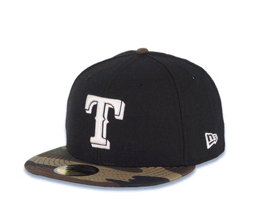 Texas Rangers New Era MLB 59FIFTY 5950 Fitted Cap Hat Black Crown Camo Visor White Logo