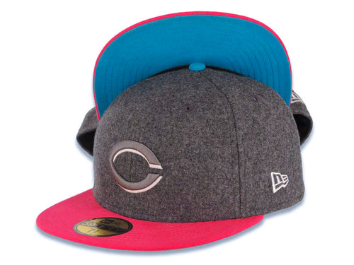 Cincinnati Reds New Era MLB 59FIFTY 5950 Fitted Cap Hat Dark Gray Melton Crown Magenta Visor Dark Gray/White Logo Blue UV