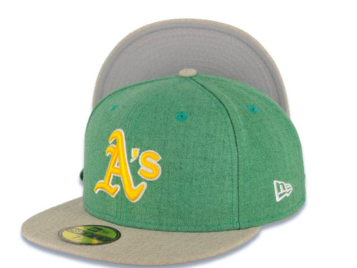 Oakland A's Athletics New Era MLB 59FIFTY 5950 Fitted Heather Cap Hat Green Crown Wheat Visor Yellow/White Logo