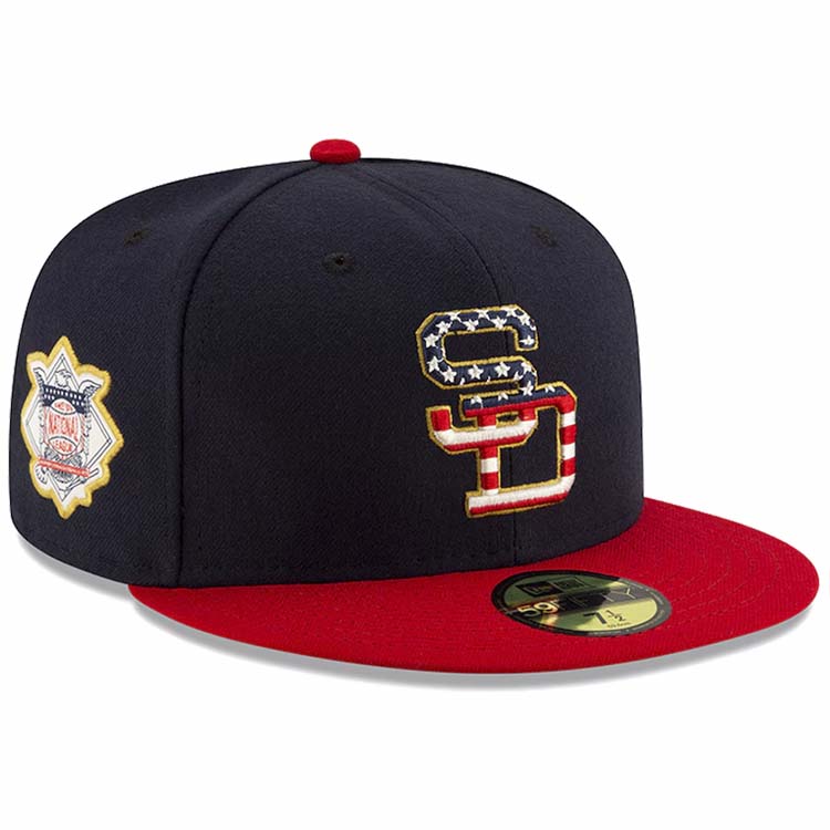 San Diego Padres New Era MLB 59FIFTY 5950 Fitted Cap Hat Navy Blue Crown Red Visor Team Color Logo (4th Of July)